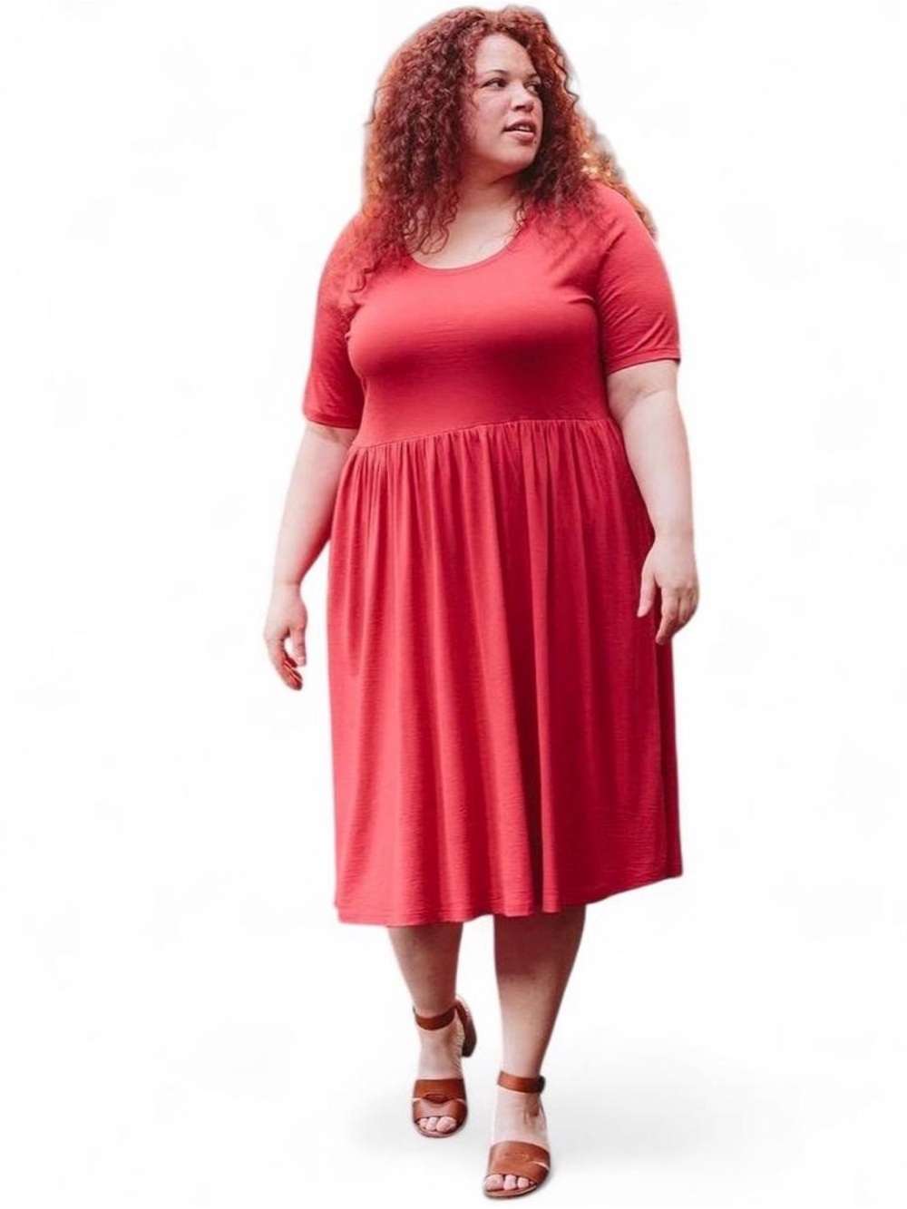 Wool& Sylvie Merino Wool Fit & Flare Midi Dress Pockets Salmon Red Large